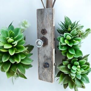 Set of Two Reclaimed Antique Doorknobs, Dead Bolt & Lock in Piece of Door